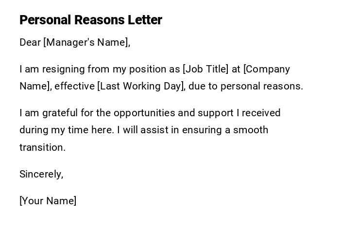 Personal Reasons Letter Personal Reasons Letter