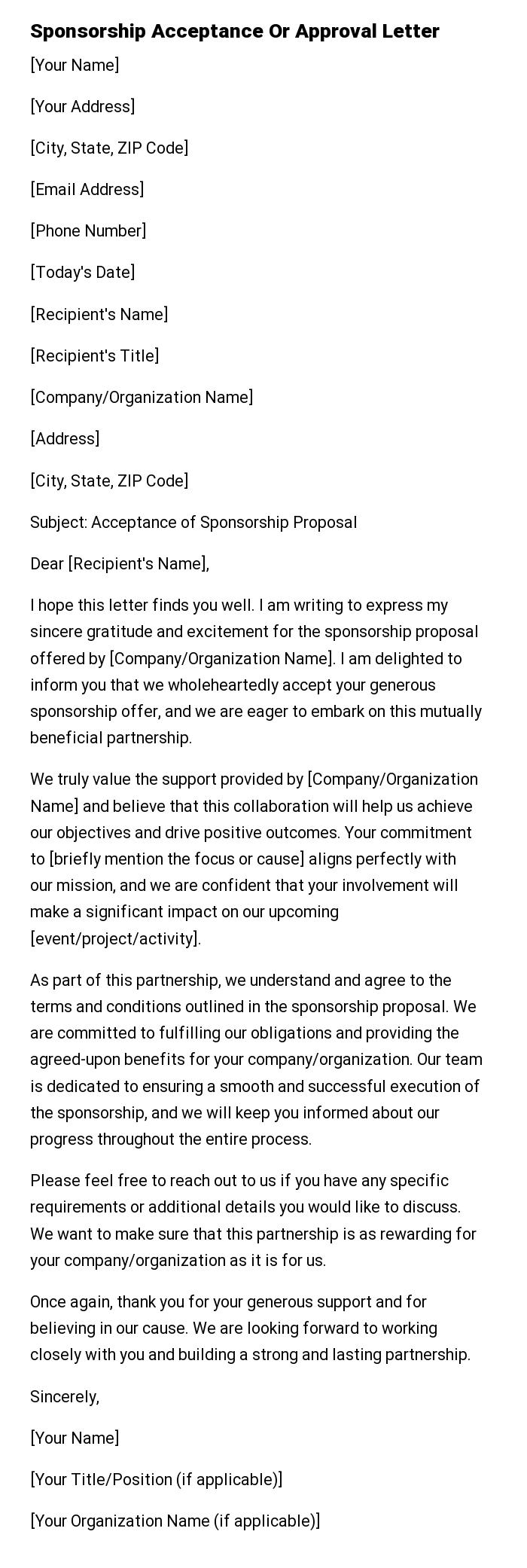 Sponsorship Acceptance Or Approval Letter