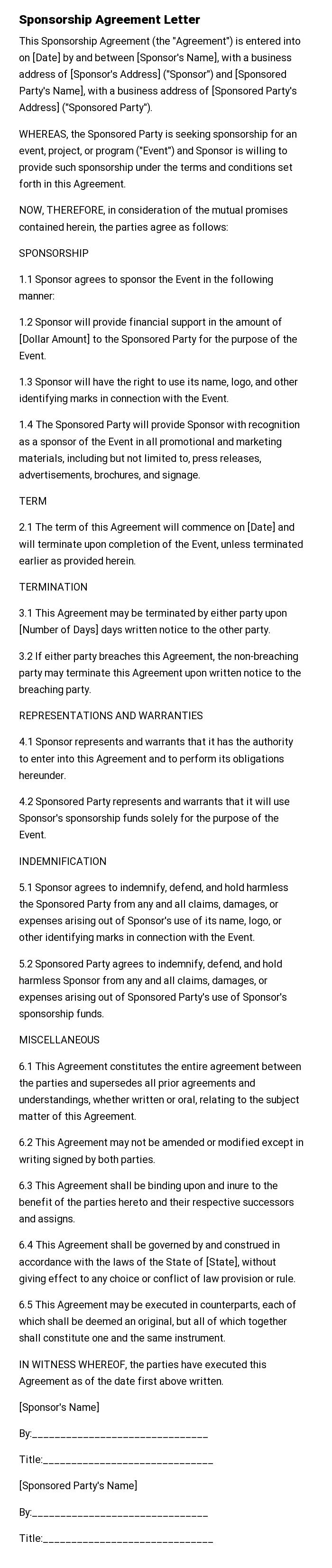 Sponsorship Agreement Letter