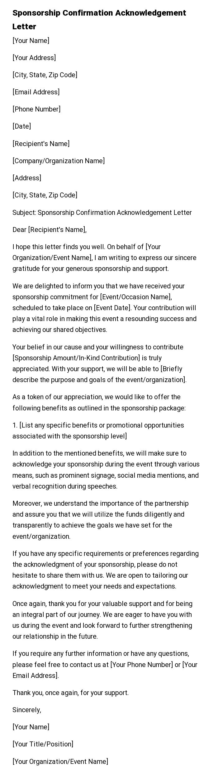 Sponsorship Confirmation Acknowledgement Letter