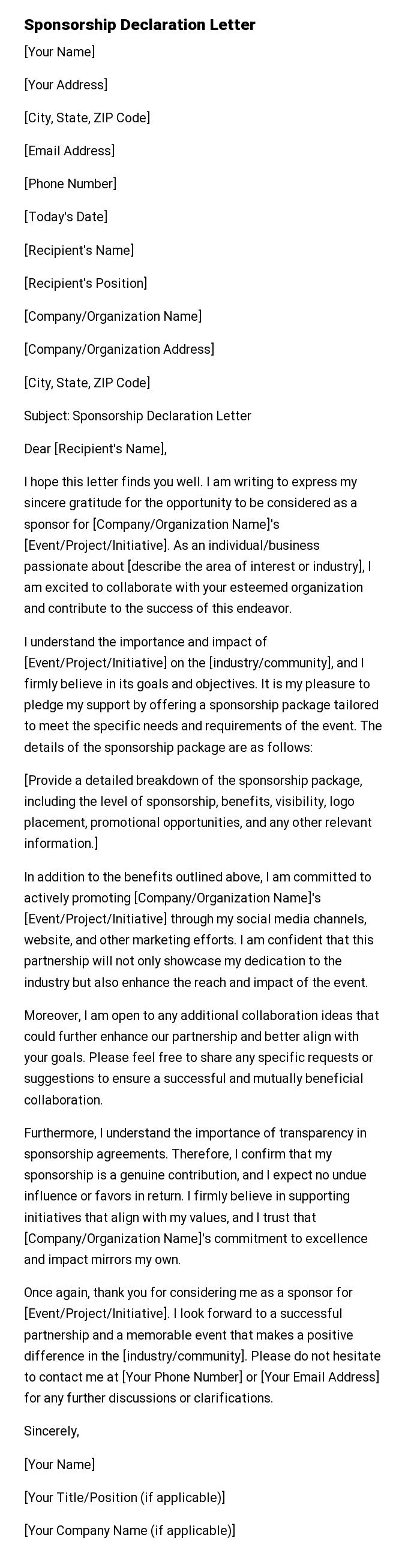 Sponsorship Declaration Letter