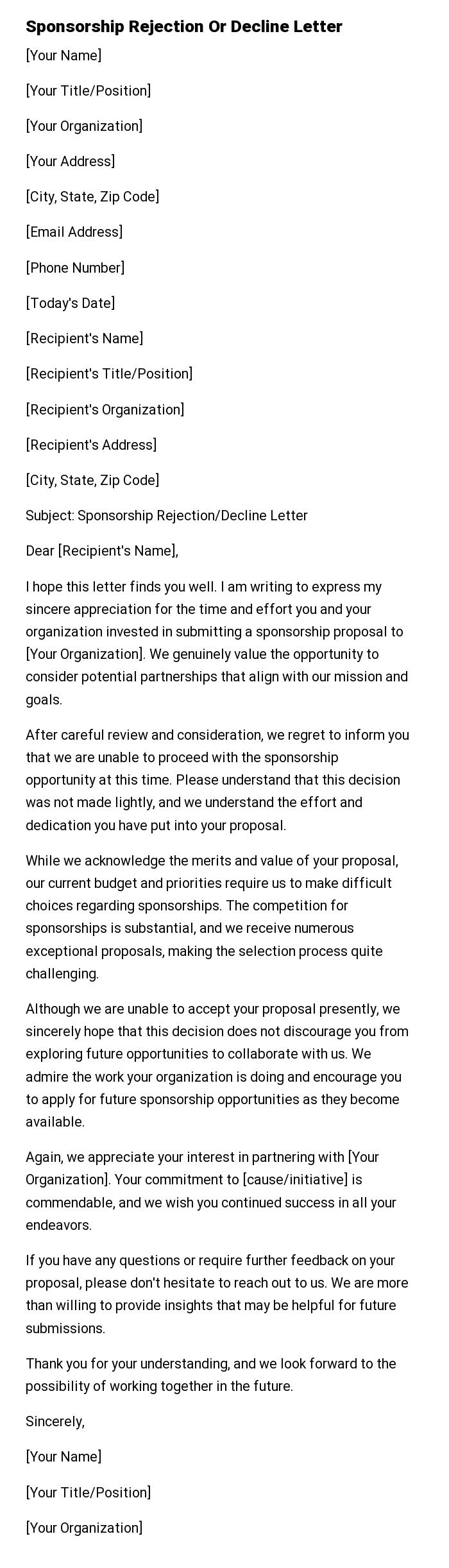 Sponsorship Rejection Or Decline Letter