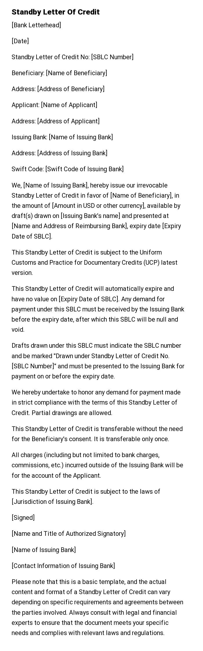 Standby Letter Of Credit