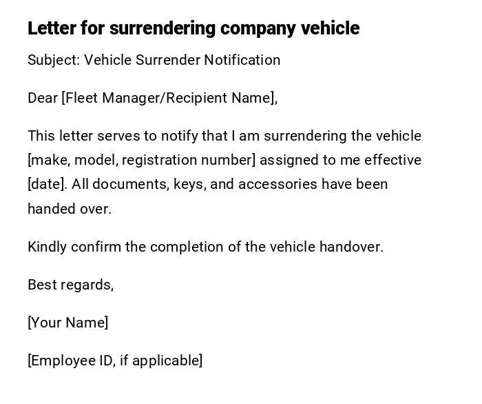 Letter for surrendering company vehicle