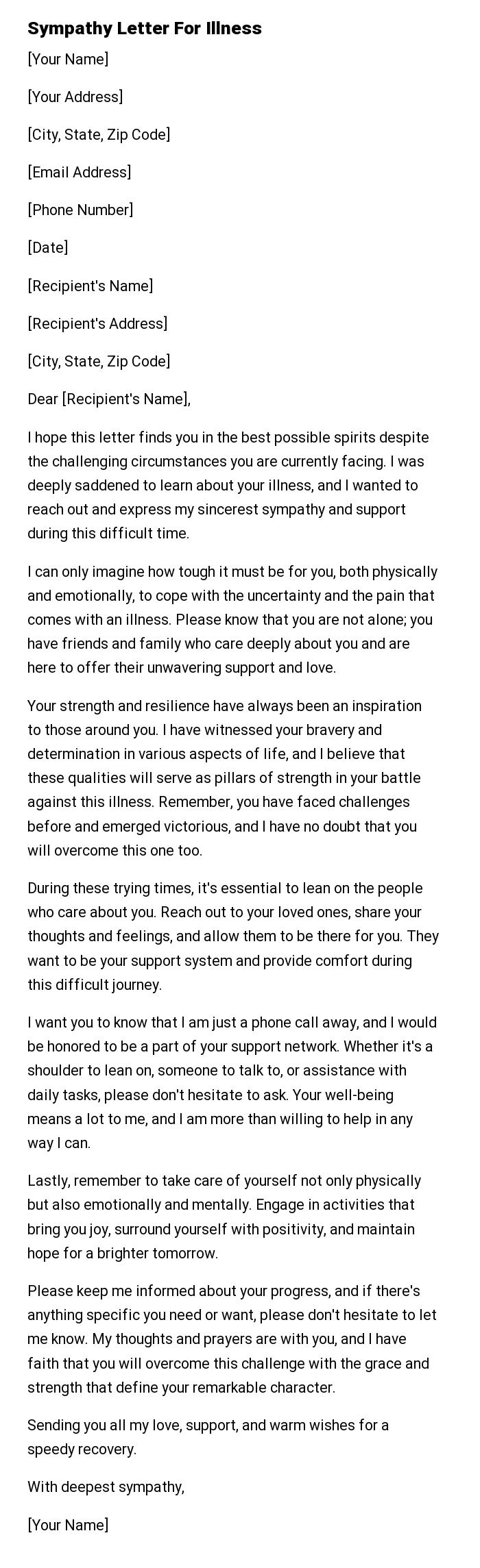 Sympathy Letter For Illness