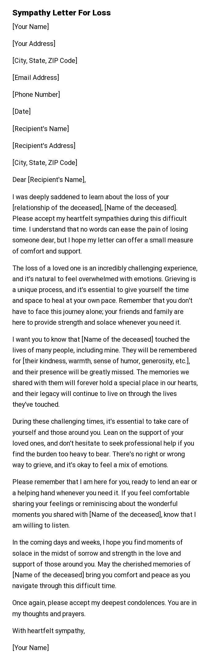 Sympathy Letter For Loss