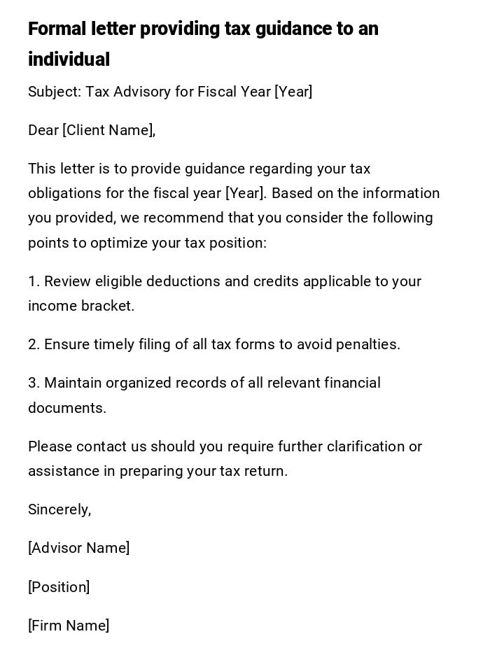 Formal letter providing tax guidance to an individual