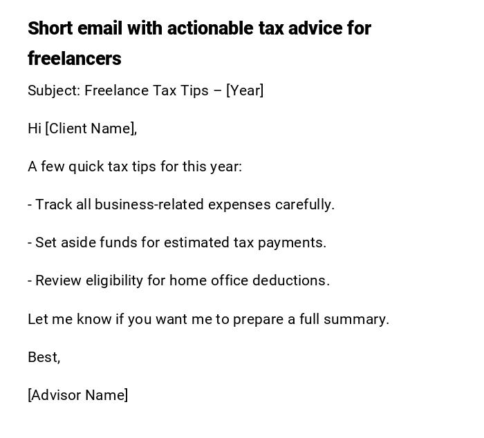 Short email with actionable tax advice for freelancers