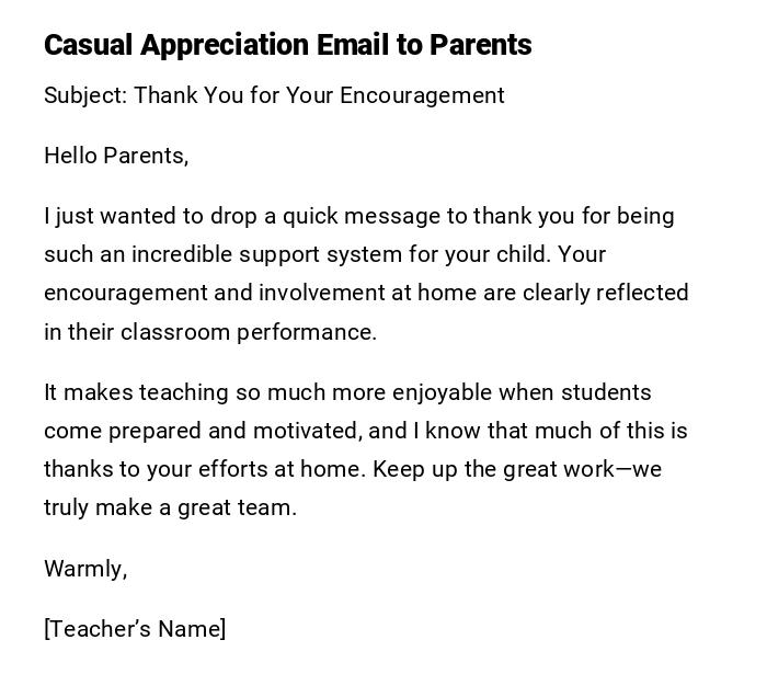 Casual Appreciation Email to Parents
