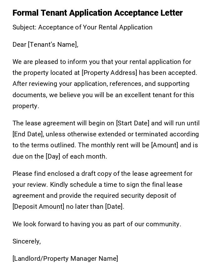 Formal Tenant Application Acceptance Letter