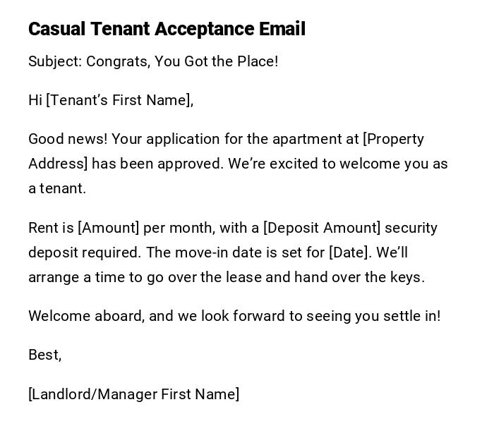 Casual Tenant Acceptance Email