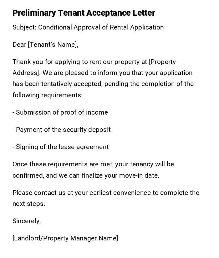 Preliminary Tenant Acceptance Letter