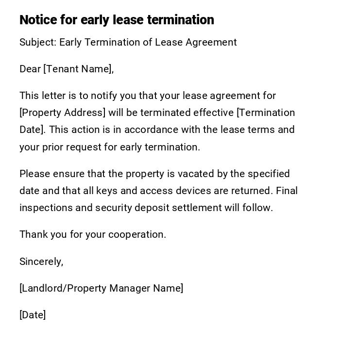 Notice for early lease termination Notice for early lease termination