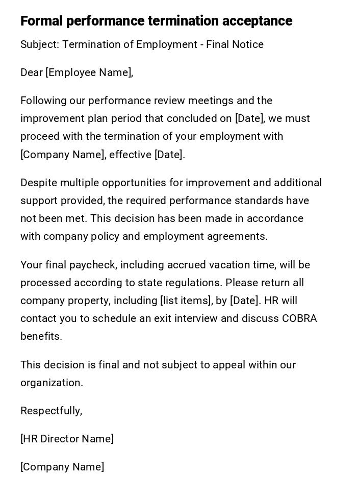 Formal performance termination acceptance Formal performance termination acceptance