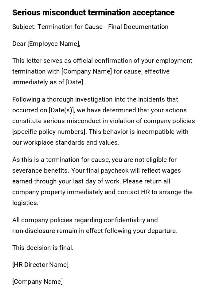 Serious misconduct termination acceptance Serious misconduct termination acceptance