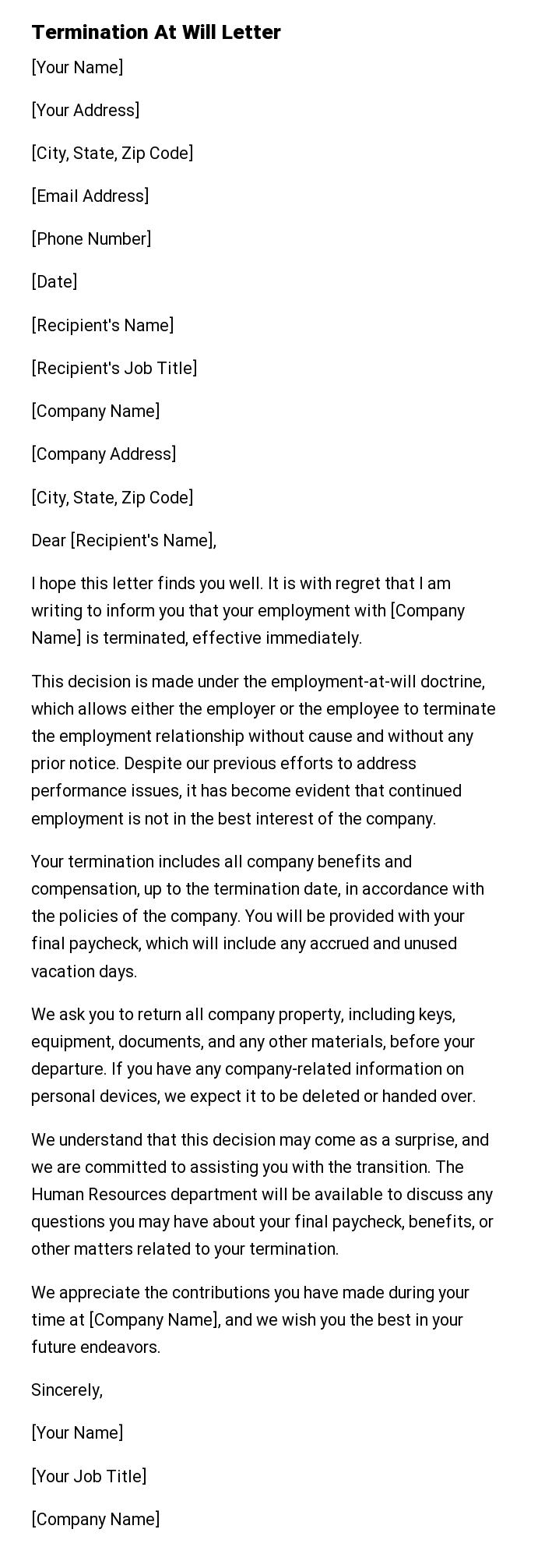 Termination At Will Letter