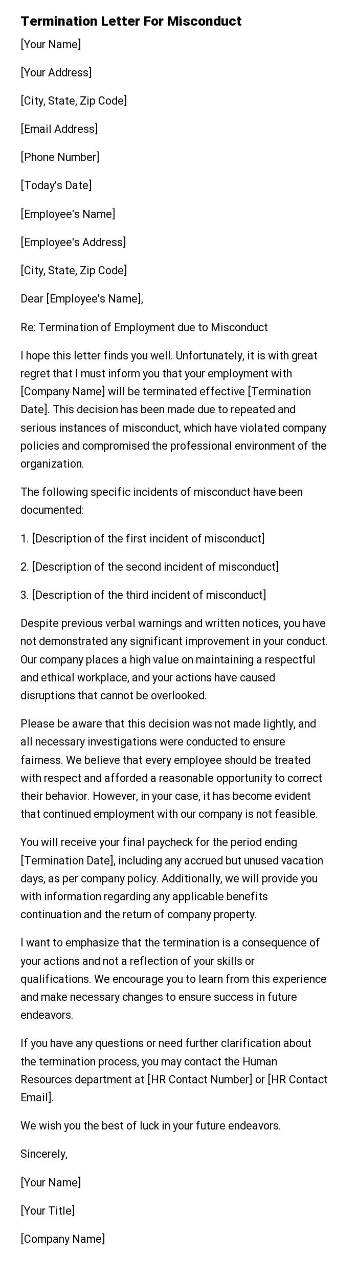 Termination Letter For Misconduct