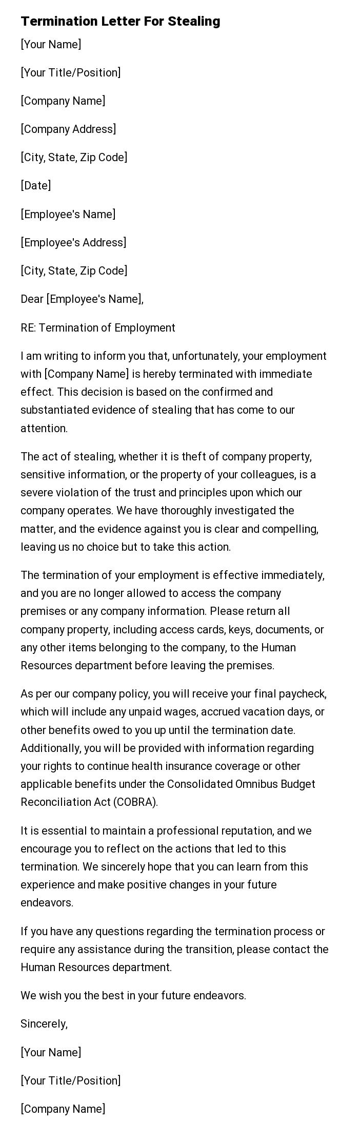 Termination Letter For Stealing