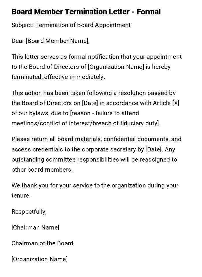 Board Member Termination Letter - Formal Board Member Termination Letter - Formal