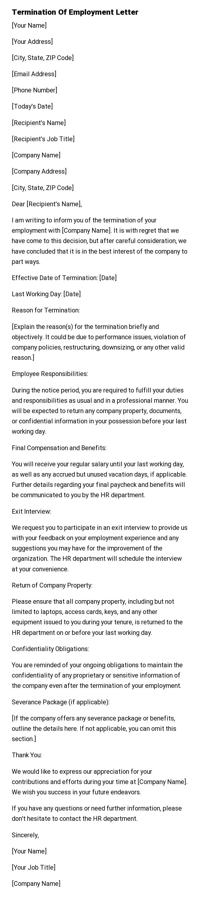 Termination Of Employment Letter