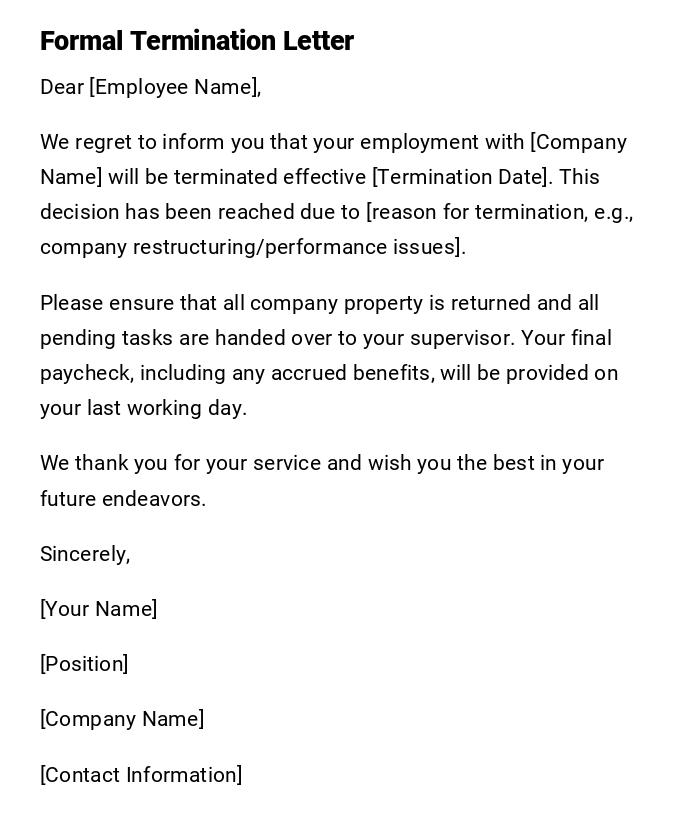 Formal Termination Letter Formal Termination Letter