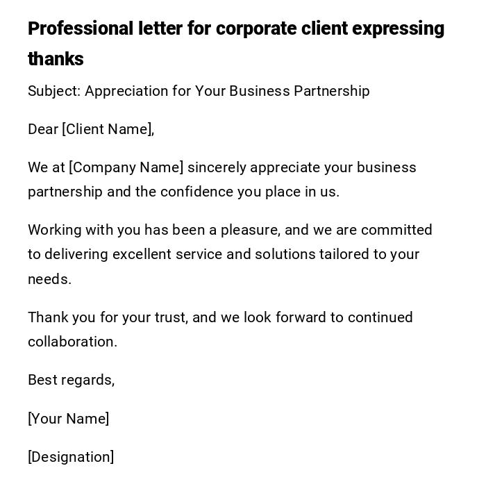 Professional letter for corporate client expressing thanks Professional letter for corporate client expressing thanks