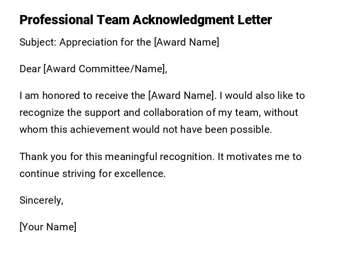 Professional Team Acknowledgment Letter