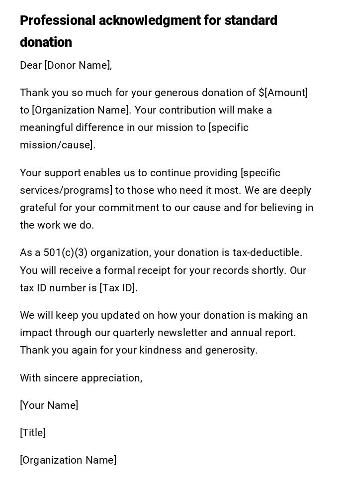 Professional acknowledgment for standard donation