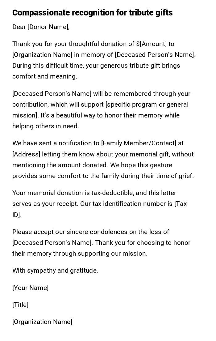 Compassionate recognition for tribute gifts