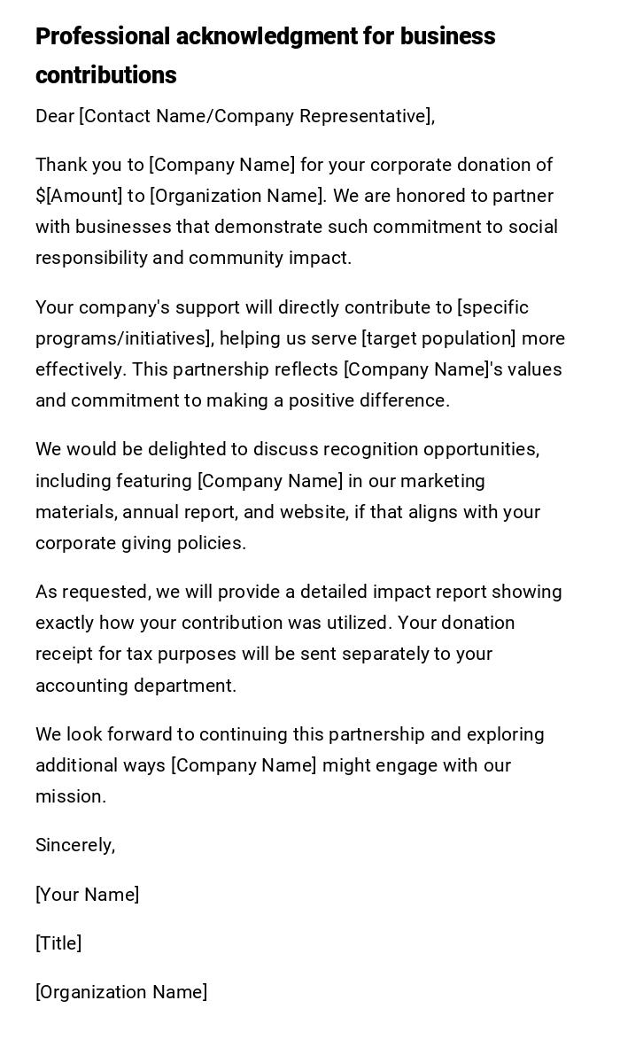 Professional acknowledgment for business contributions