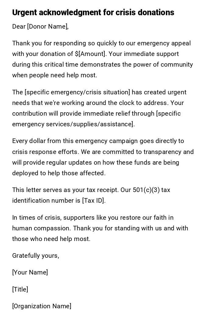 Urgent acknowledgment for crisis donations