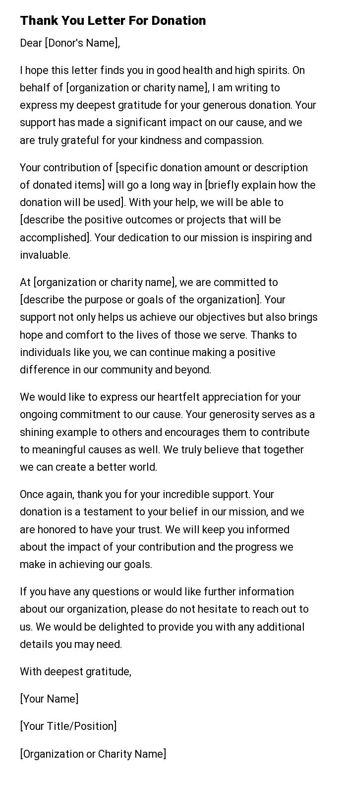 Thank You Letter For Donation
