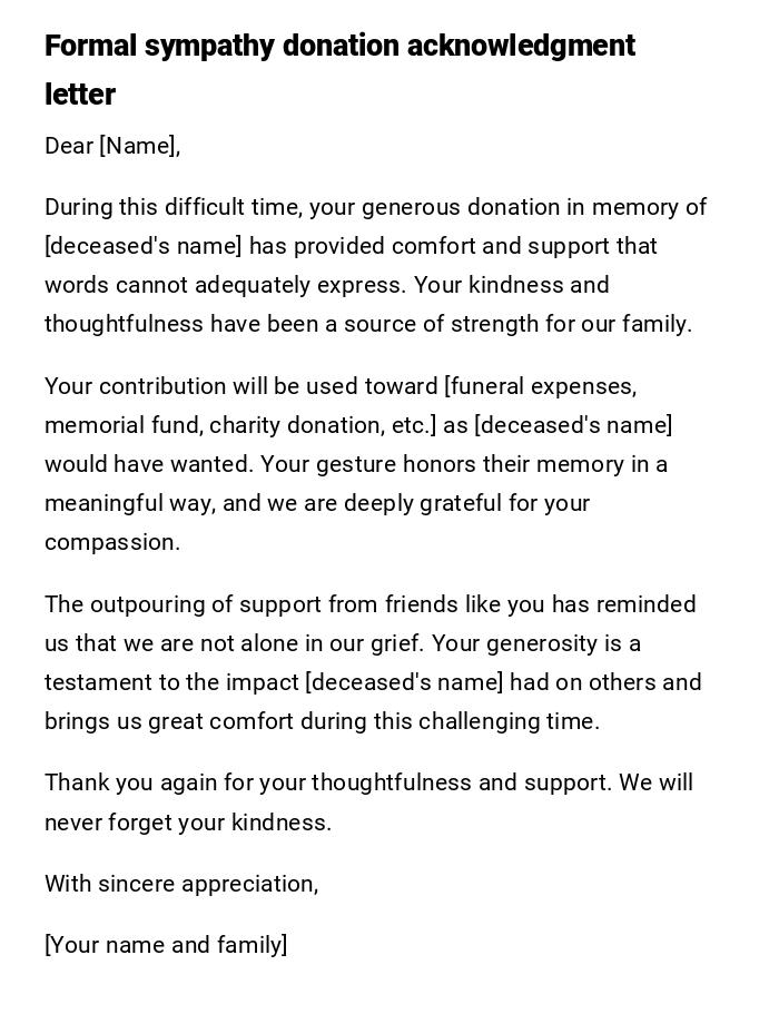 Formal sympathy donation acknowledgment letter