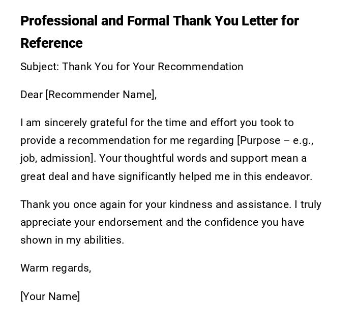 Professional and Formal Thank You Letter for Reference Professional and Formal Thank You Letter for Reference
