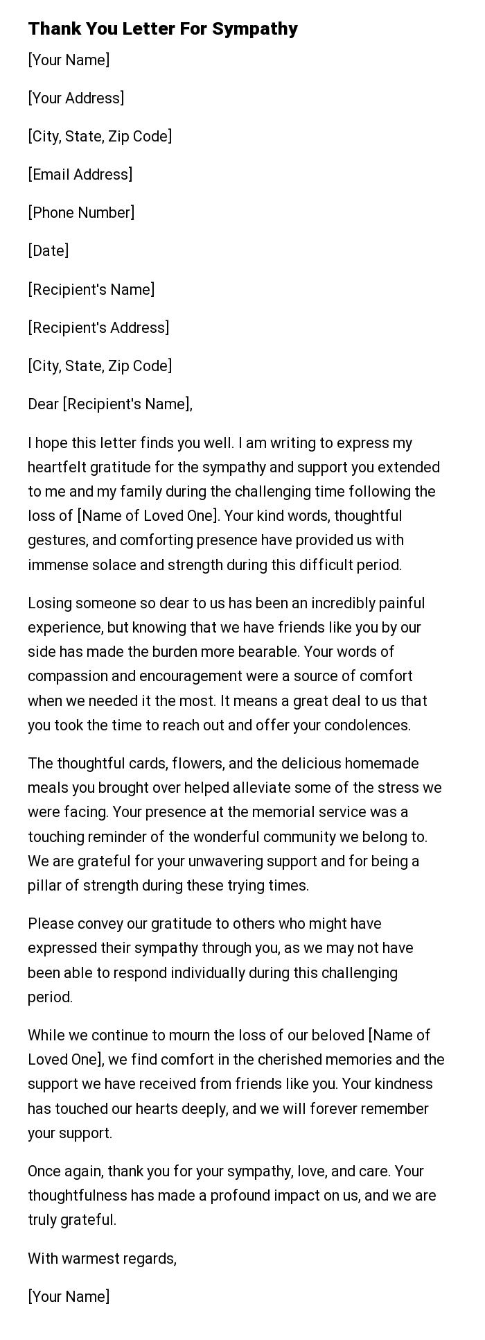 Thank You Letter For Sympathy