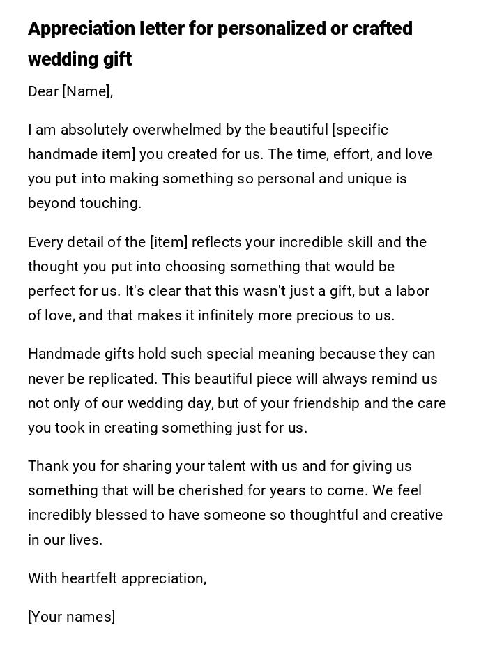 Appreciation letter for personalized or crafted wedding gift Appreciation letter for personalized or crafted wedding gift