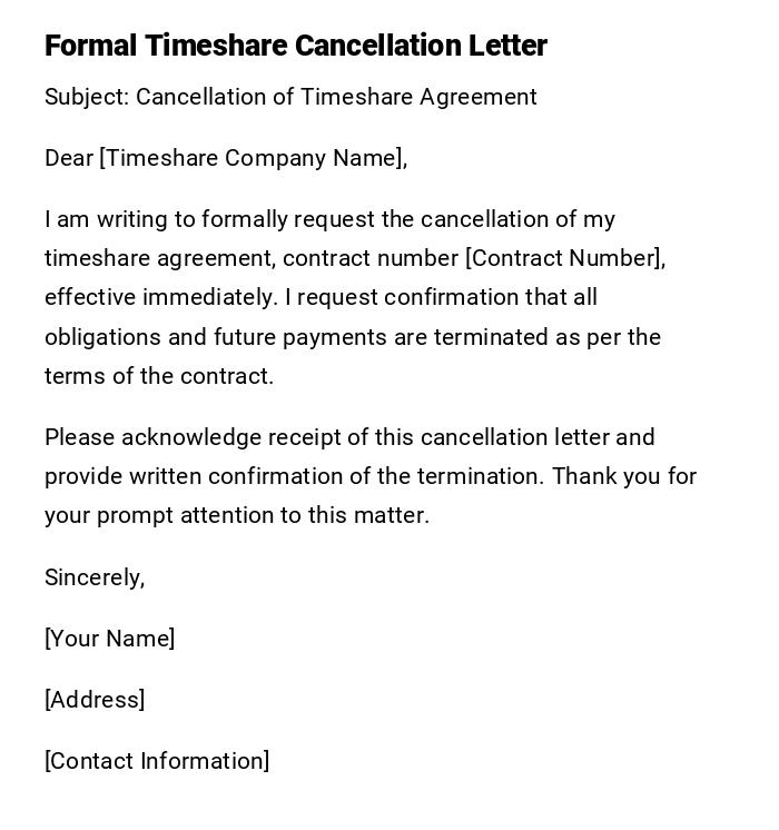 Formal Timeshare Cancellation Letter