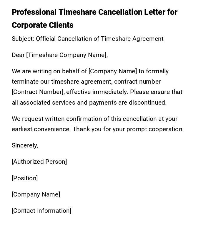Professional Timeshare Cancellation Letter for Corporate Clients