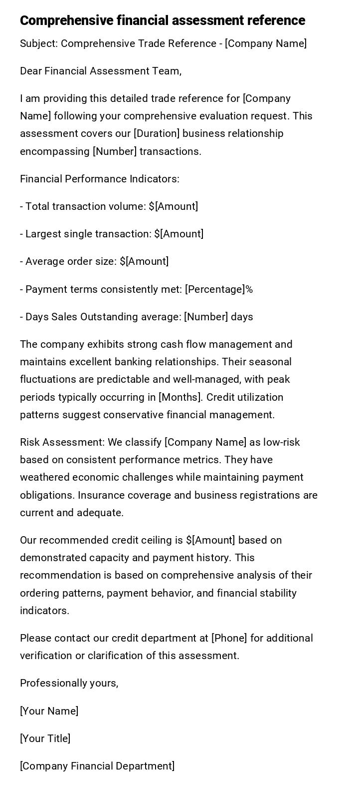 Comprehensive financial assessment reference Comprehensive financial assessment reference