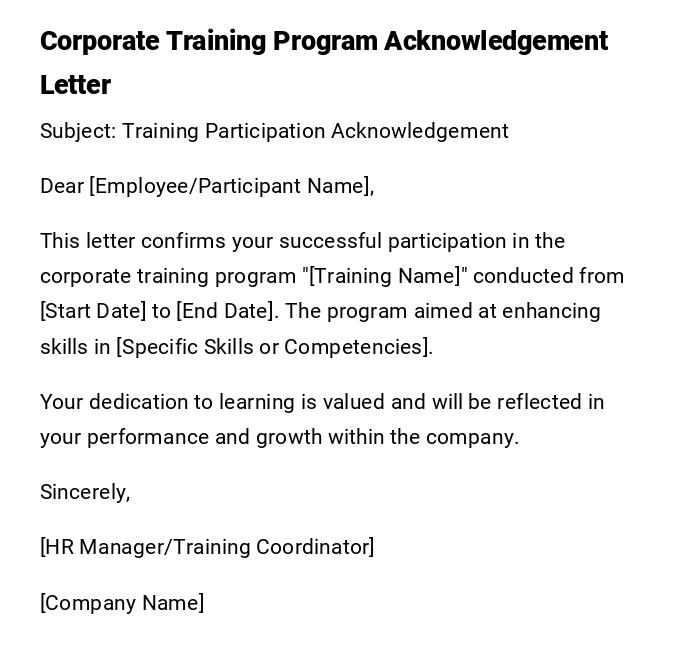 Corporate Training Program Acknowledgement Letter Corporate Training Program Acknowledgement Letter