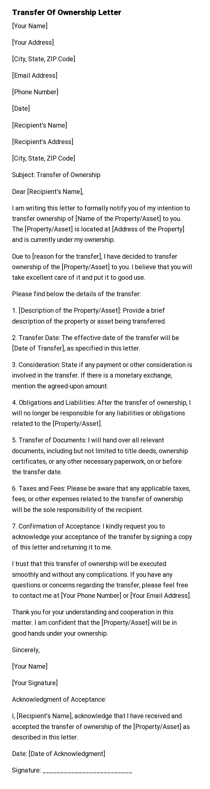 Transfer Of Ownership Letter