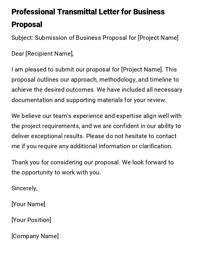 Professional Transmittal Letter for Business Proposal Professional Transmittal Letter for Business Proposal