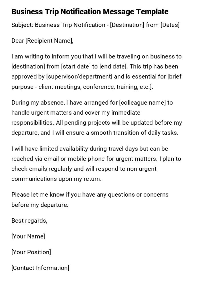 Business Trip Notification Message Template Business Trip Notification Message Template