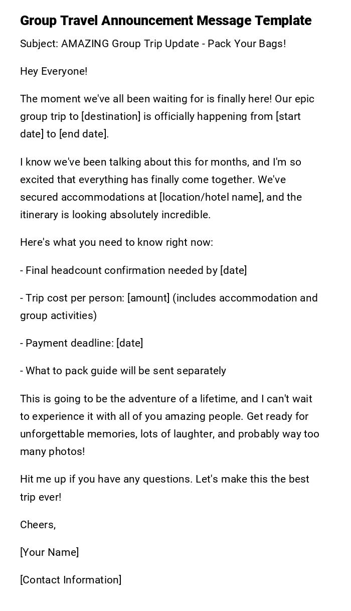 Group Travel Announcement Message Template Group Travel Announcement Message Template