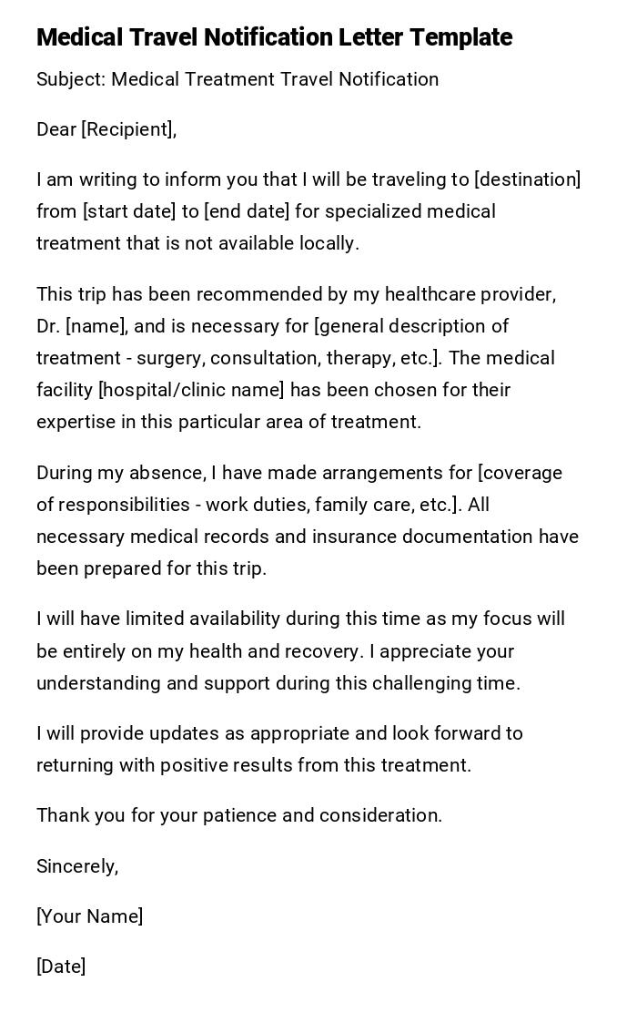 Medical Travel Notification Letter Template Medical Travel Notification Letter Template