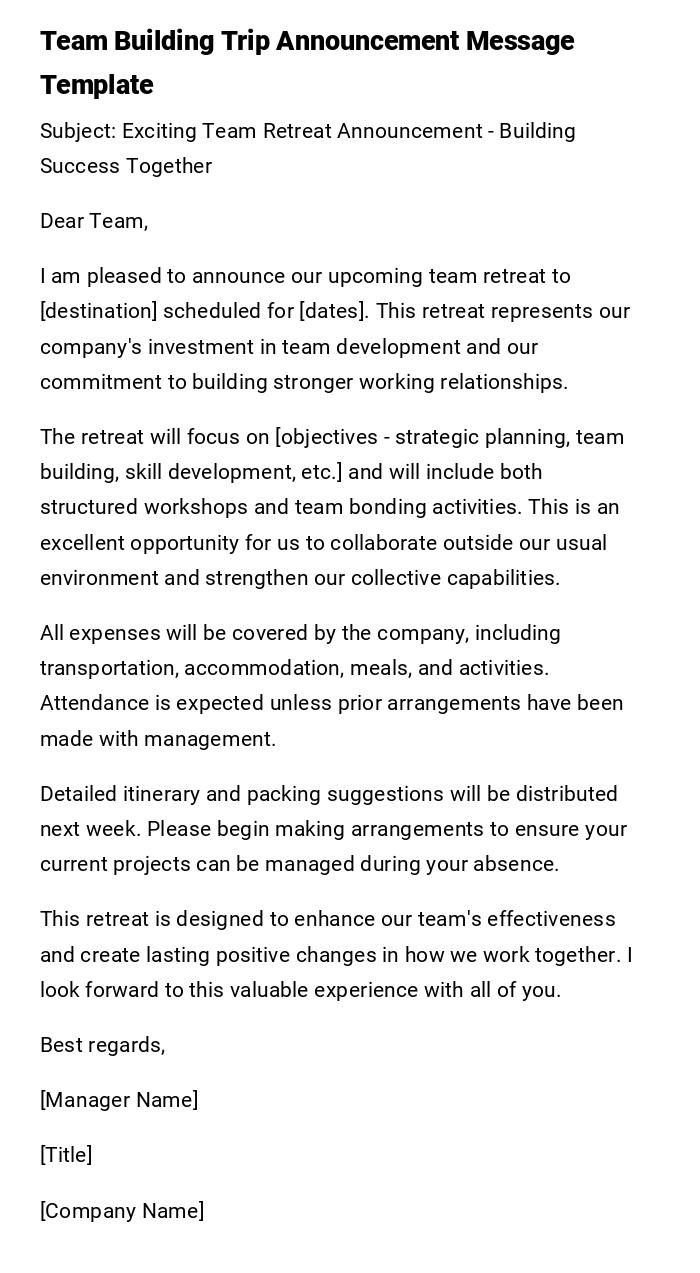 Team Building Trip Announcement Message Template Team Building Trip Announcement Message Template