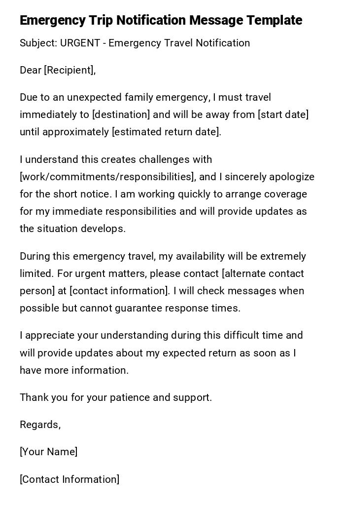 Emergency Trip Notification Message Template Emergency Trip Notification Message Template