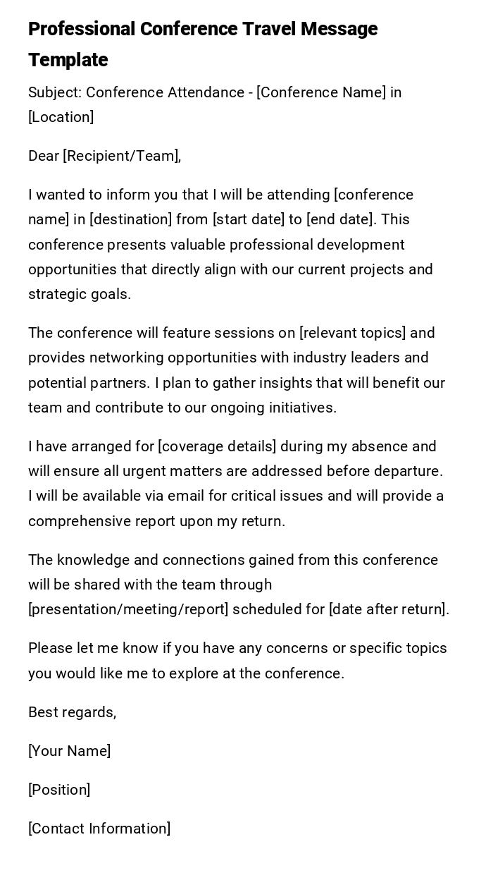 Professional Conference Travel Message Template Professional Conference Travel Message Template