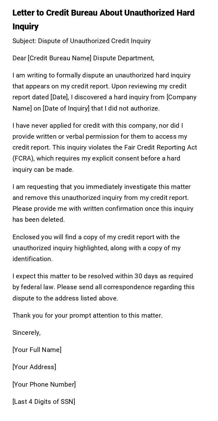 Letter to Credit Bureau About Unauthorized Hard Inquiry