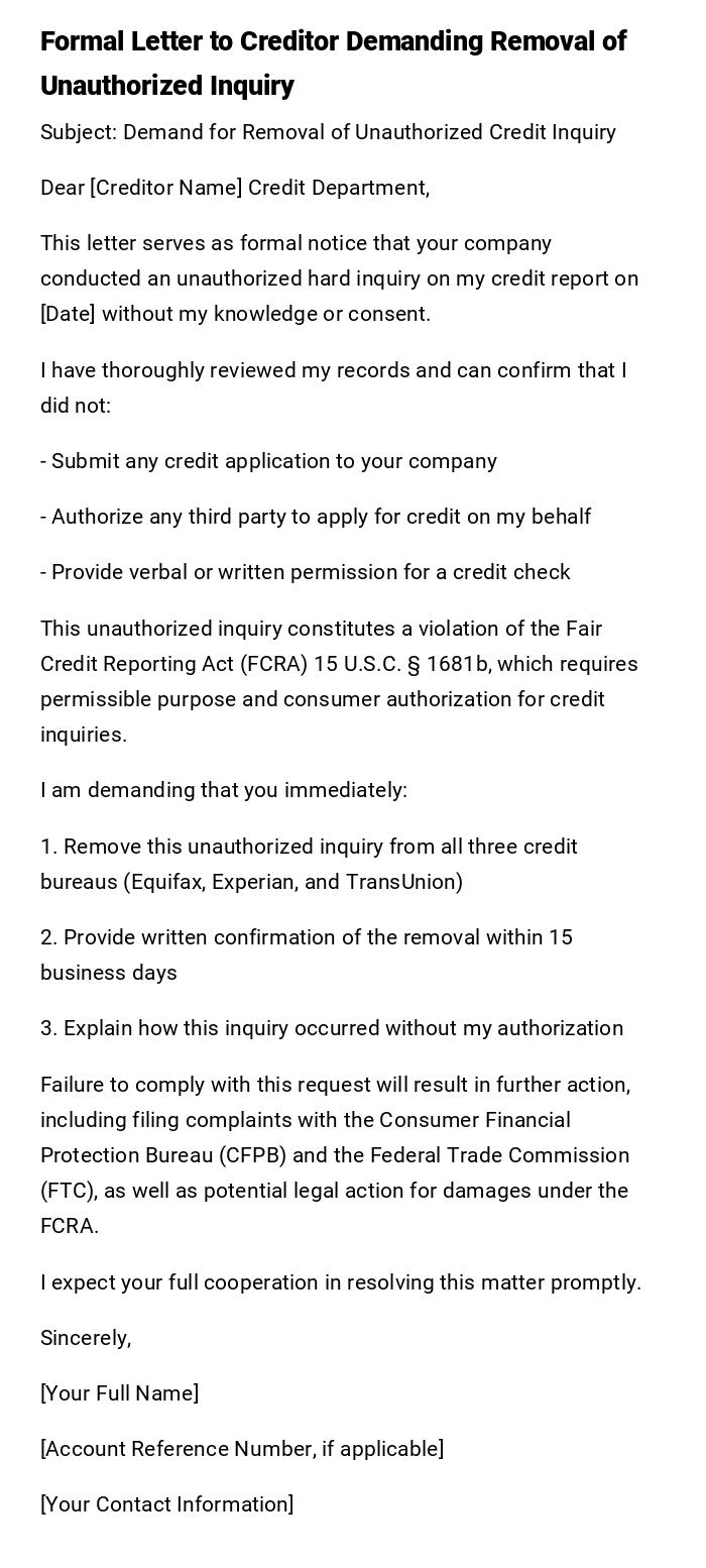 Formal Letter to Creditor Demanding Removal of Unauthorized Inquiry